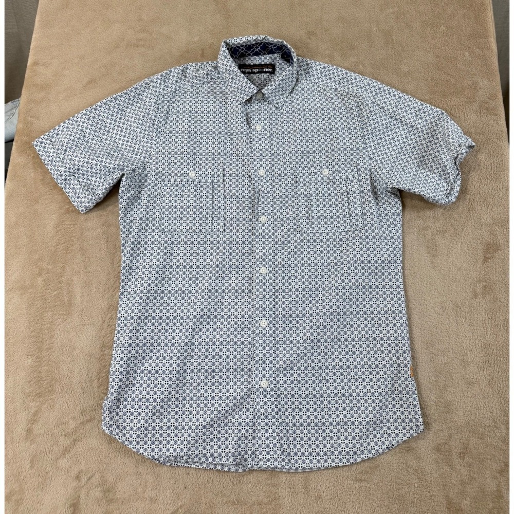 Reyn Spooner Shirt Mens S Navy Blue White Geometric Tile Print Short sleeve EUC